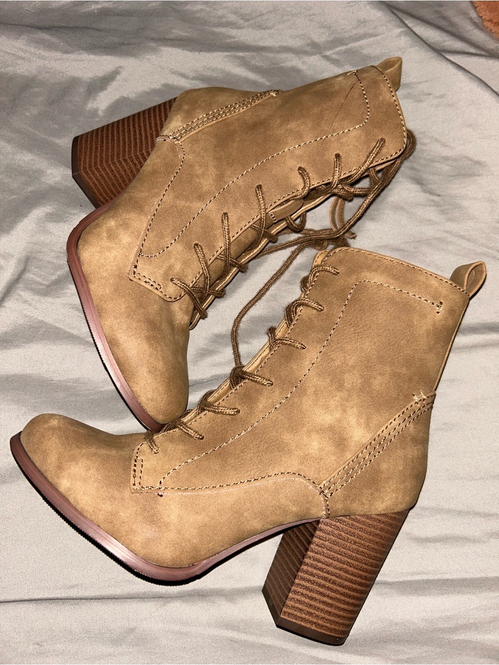 XOXO Tan Lace-Up Block Heel Ankle Boots